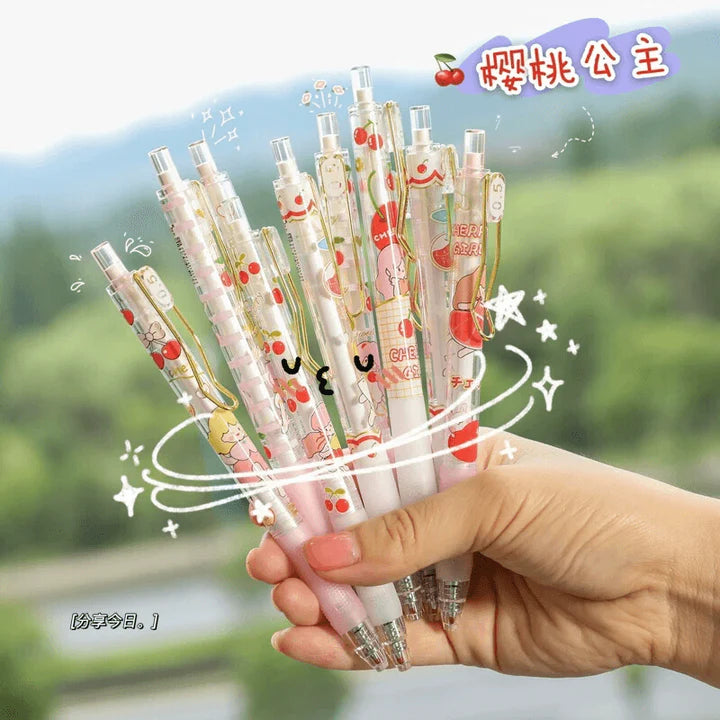 Cherry Gel Pen Set – 6pcs 0.5mm Blue Click Pens