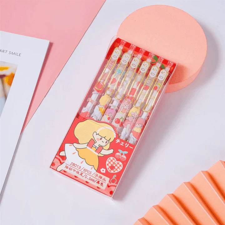 Cherry Gel Pen Set – 6pcs 0.5mm Blue Click Pens