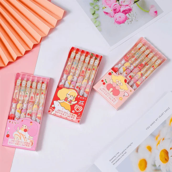 Cherry Gel Pen Set – 6pcs 0.5mm Blue Click Pens