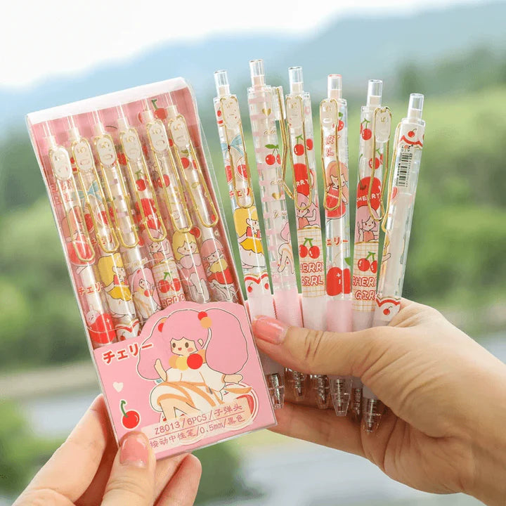 Cherry Gel Pen Set – 6pcs 0.5mm Blue Click Pens